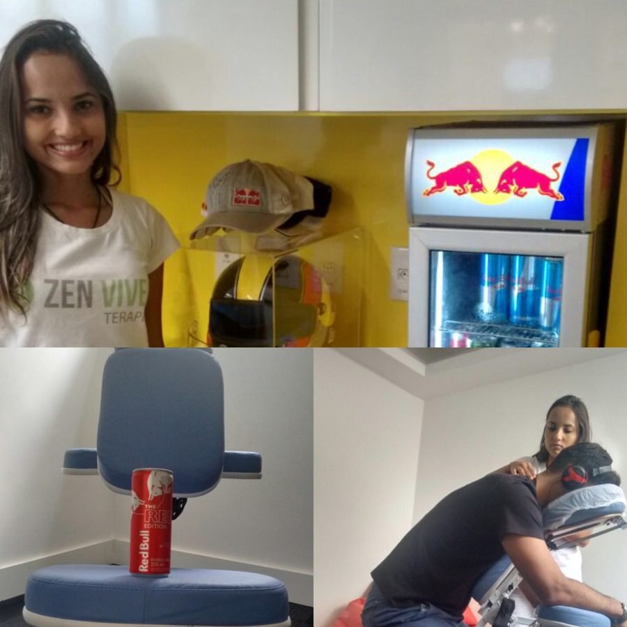 Público recebendo quick massage na ativação de marca da Red Bull, no Rio de Janeiro — ativação de marca com quick massage para eventos.