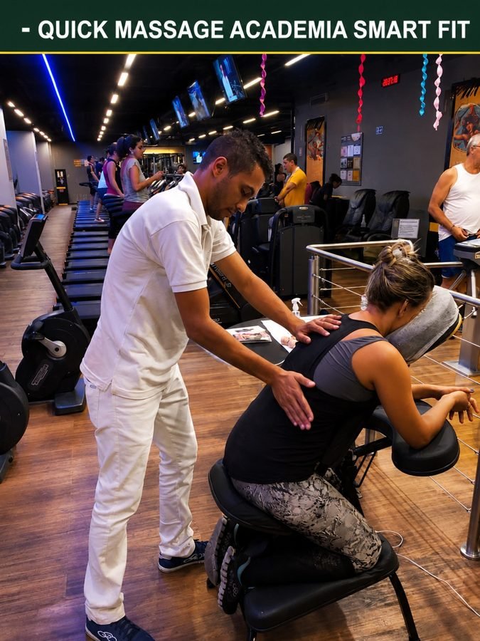 Público recebendo quick massage na ativação de marca da Smart Fit, no Rio de Janeiro — ativação de marca com quick massage para eventos.