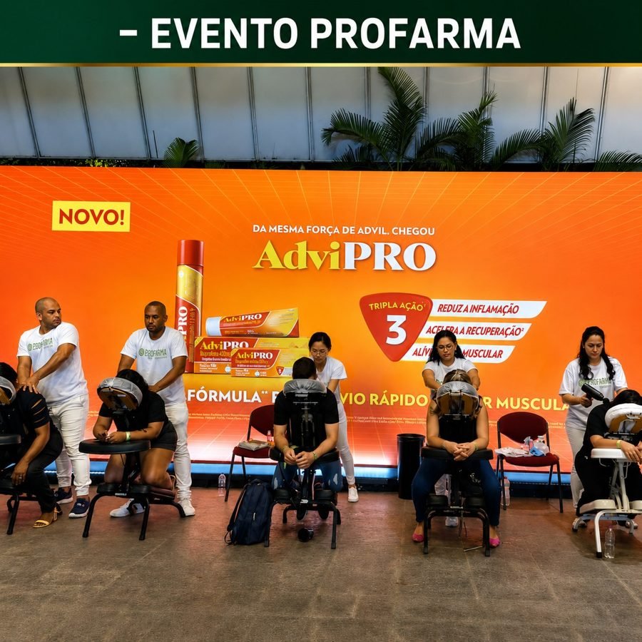 Colaboradores recebendo quick massage em cadeira ergonômica durante evento corporativo da Profarma, no Rio de Janeiro — serviço de massagem expressa para empresas e SIPAT.