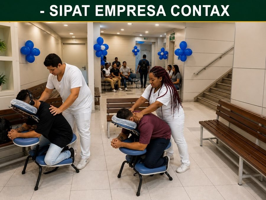 Colaboradores recebendo quick massage em cadeira ergonômica durante evento corporativo da Contax, no Rio de Janeiro — serviço de massagem expressa para empresas e SIPAT.