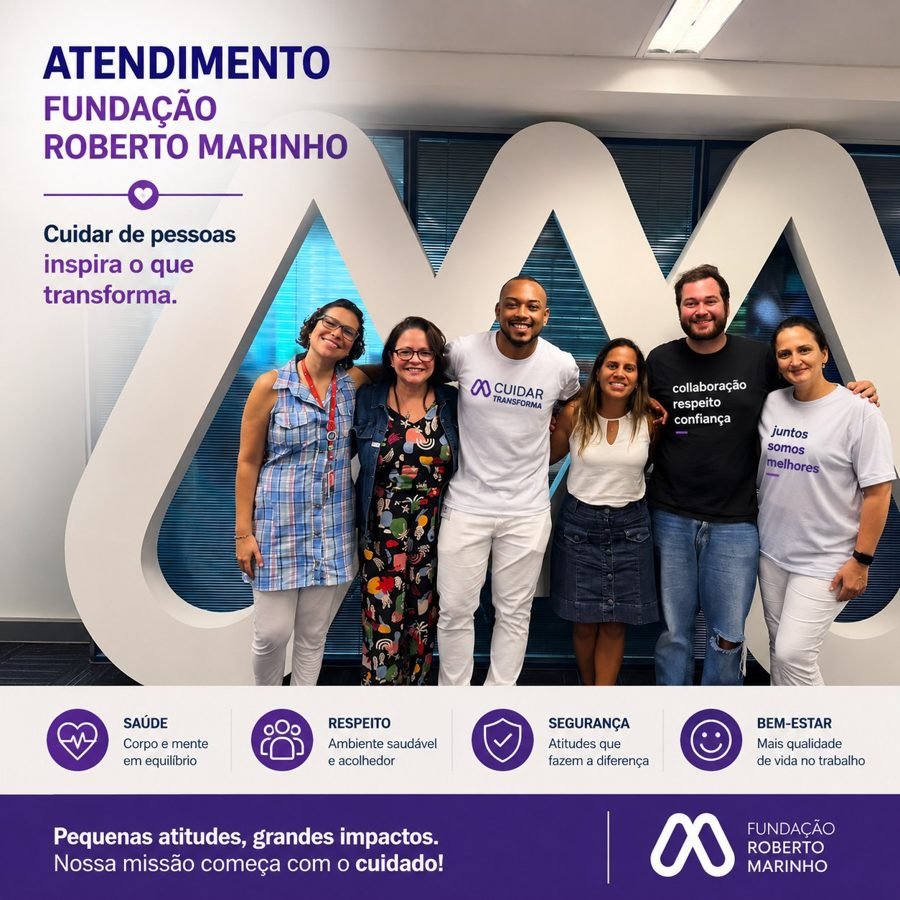 Colaboradores recebendo quick massage em cadeira ergonômica durante evento corporativo da Fundação Roberto Marinho, no Rio de Janeiro — serviço de massagem expressa para empresas e SIPAT.