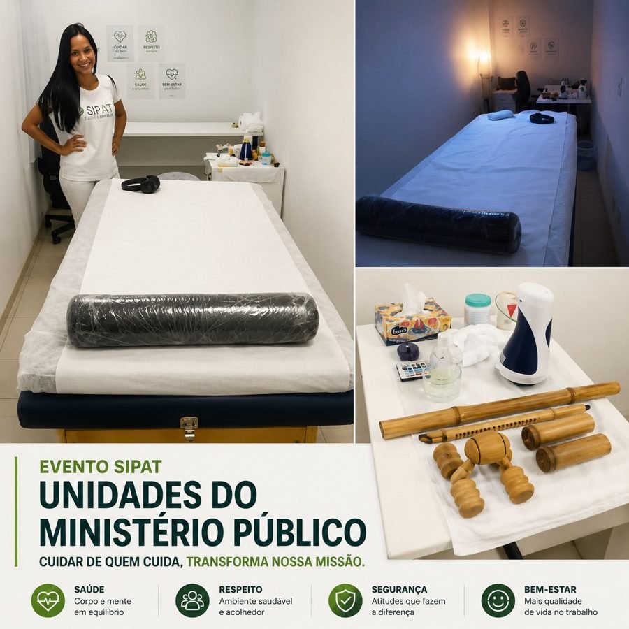 Colaboradores recebendo quick massage em cadeira ergonômica durante evento corporativo da Ministério Público, no Rio de Janeiro — serviço de massagem expressa para empresas e SIPAT.