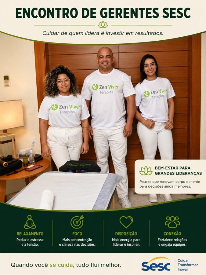 Colaboradores recebendo quick massage em cadeira ergonômica durante evento corporativo da SESC SENAC, no Rio de Janeiro — serviço de massagem expressa para empresas e SIPAT.