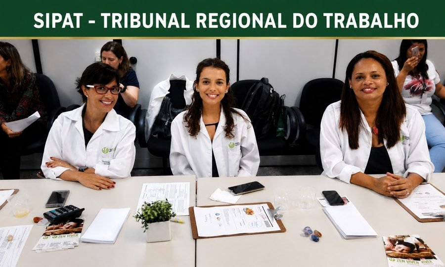 Colaboradores recebendo quick massage em cadeira ergonômica durante evento corporativo da TRT (Tribunal Regional do Trabalho), no Rio de Janeiro — serviço de massagem expressa para empresas e SIPAT.