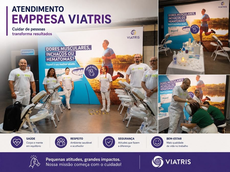 Colaboradores recebendo quick massage em cadeira ergonômica durante evento corporativo da Viatris, no Rio de Janeiro — serviço de massagem expressa para empresas e SIPAT.