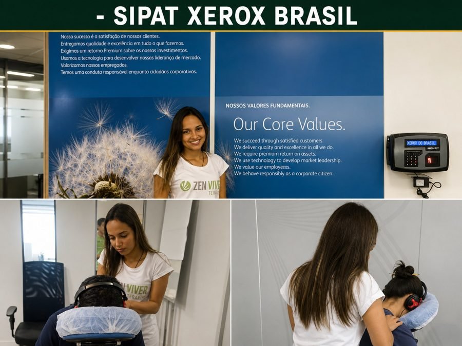 Colaboradores recebendo quick massage em cadeira ergonômica durante evento corporativo da Xerox, no Rio de Janeiro — serviço de massagem expressa para empresas e SIPAT.