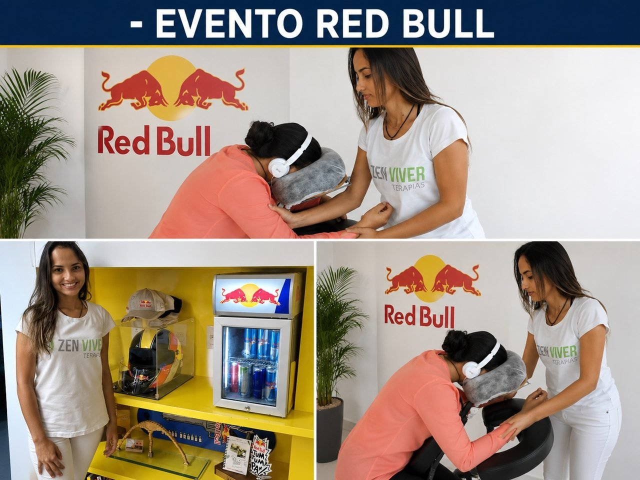 Público recebendo quick massage na ativação de marca da Red Bull, no Rio de Janeiro — ativação de marca com quick massage para eventos.