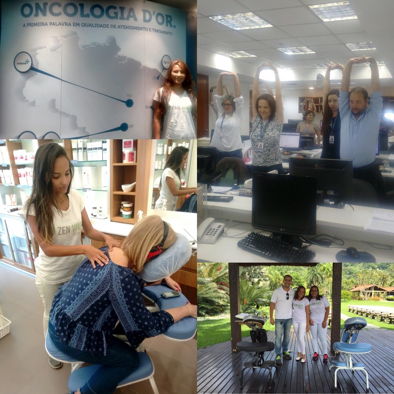 Colaboradores recebendo quick massage em cadeira ergonômica durante evento corporativo, no Rio de Janeiro — serviço de massagem expressa para empresas e SIPAT.